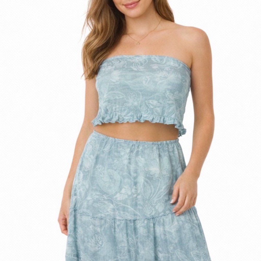 See You Monday Blue Patterned Strapless Top and Midi‎ Skirt NWOT Size Medium